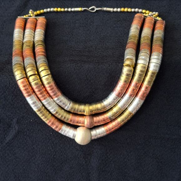 Vintage Tribal Necklace Mixed Metal Deco Beads Copper Brass Silver 3 Strand 18” - Picture 1 of 10